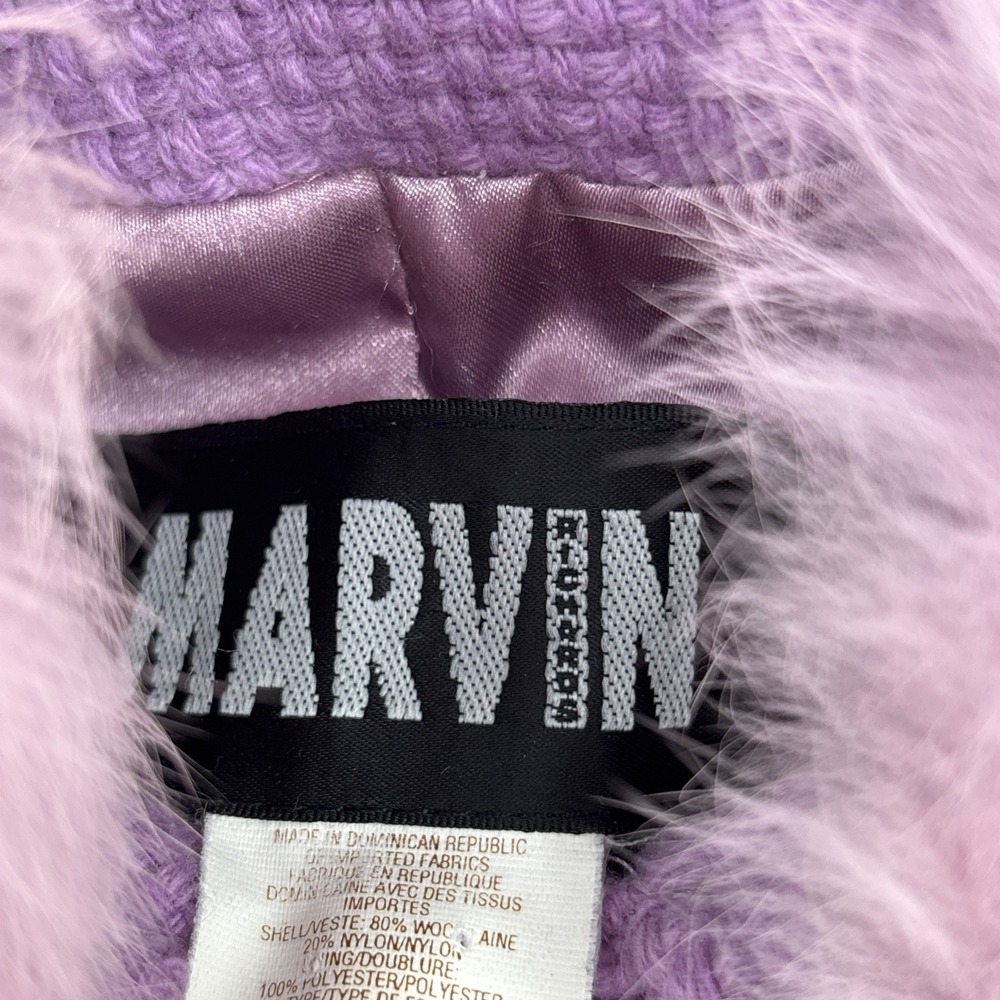 Y2K Marvin Richards Elegant Lavender Tweed Wool Blend‎ Dress Coat Fur Trim XS - Picture 9 of 15